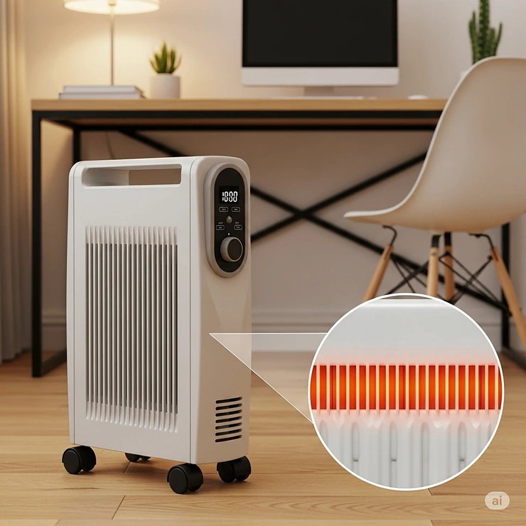 Portable oil-filled radiator with wheels, a safe and silent option for consistent home office heating, perfect for winter warmth.