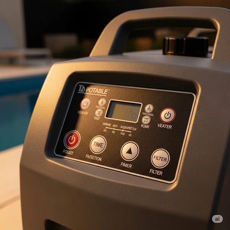 Close-up view of a portable pool heater designed for inground pools, showcasing its controls.