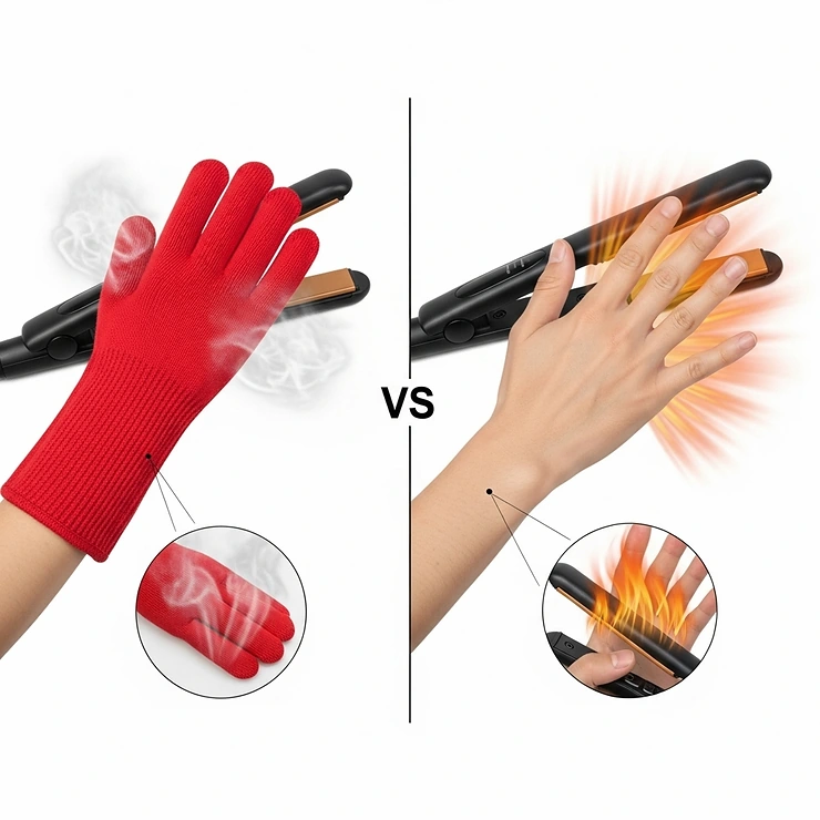 A comparative illustration showing the safety of a protected hand with a heat resistant glove versus an unprotected hand near hot hair tools.