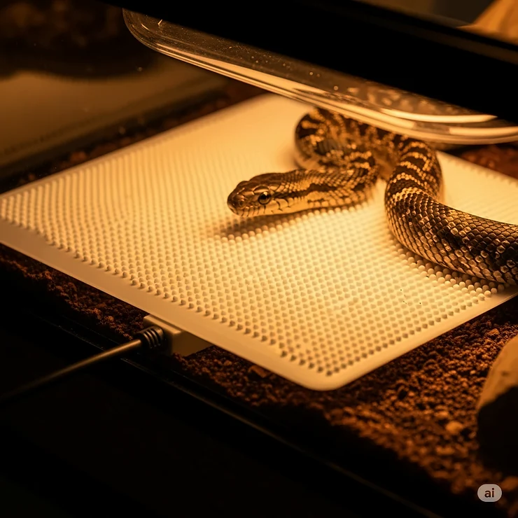 A close-up of a reptile heating pad under a terrarium, providing essential warmth for a happy pet snake. This energy-efficient reptile pad heater ensures optimal temperatures for various reptiles.