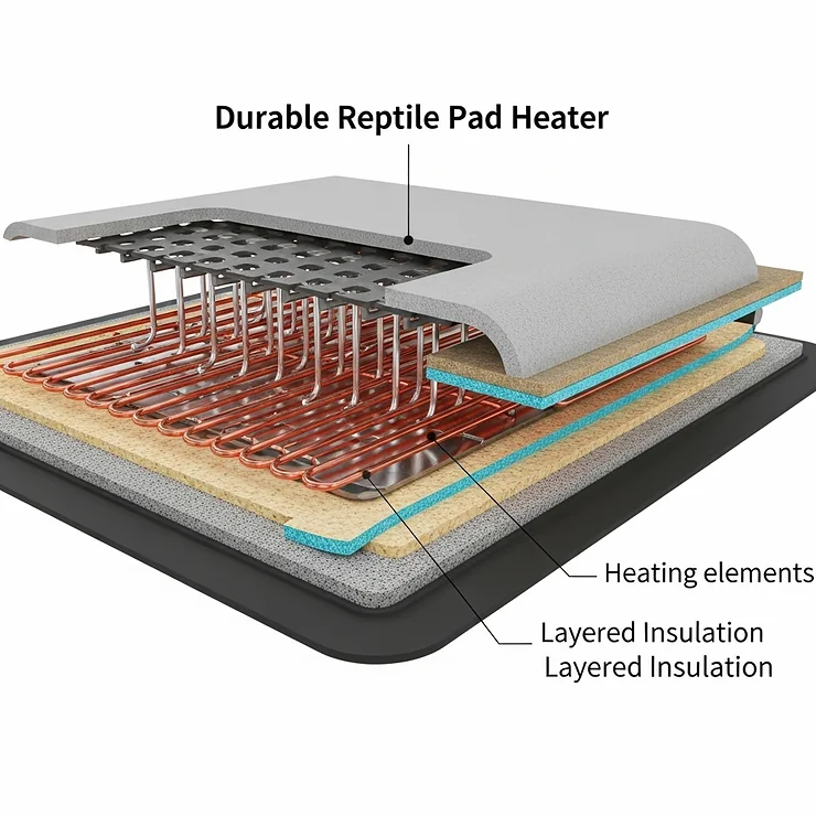 A cutaway diagram revealing the internal heating elements and insulation layers within a durable reptile pad heater, illustrating its safe and efficient design.