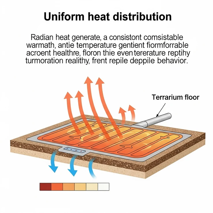 Diagram illustrating the even heat distribution provided by a quality reptile pad heater, showing how it creates a gentle warmth across the terrarium floor for reptiles.