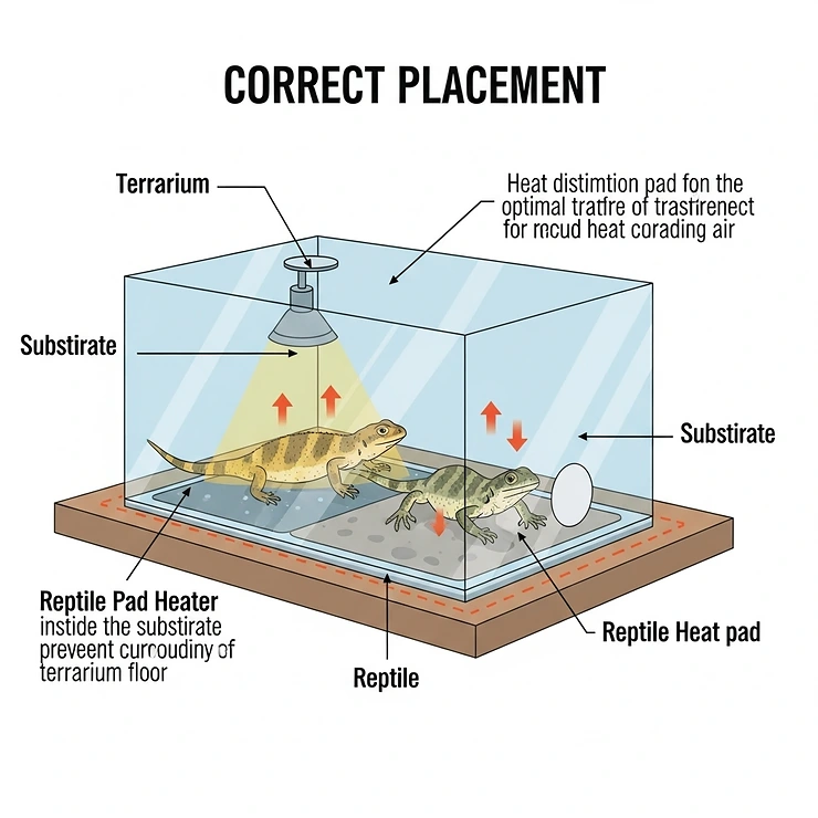 Illustration demonstrating the correct and safe placement of a reptile pad heater on the outside bottom of a terrarium, ensuring optimal heat transfer without direct contact.