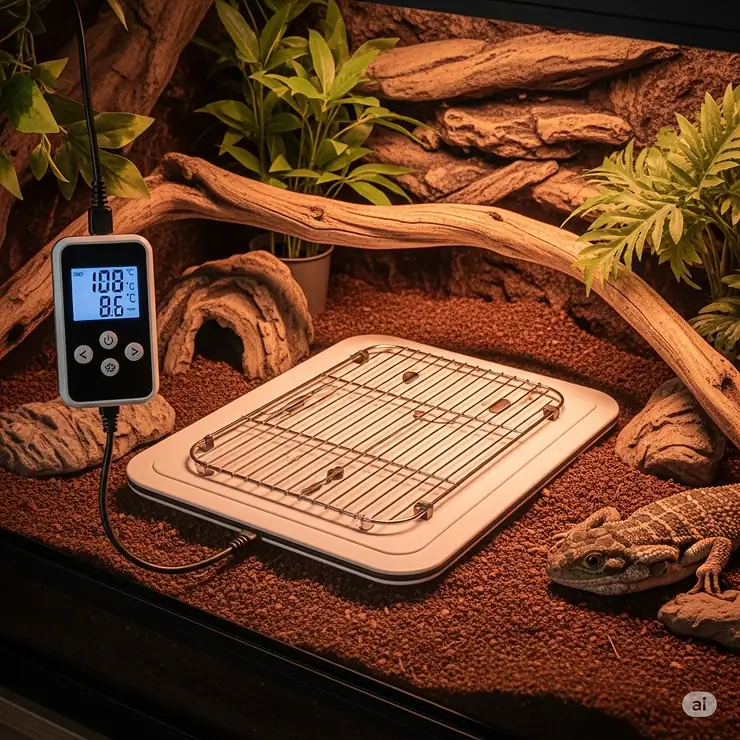 A reptile pad heater connected to a digital thermostat, emphasizing the importance of precise temperature control for reptile habitats.