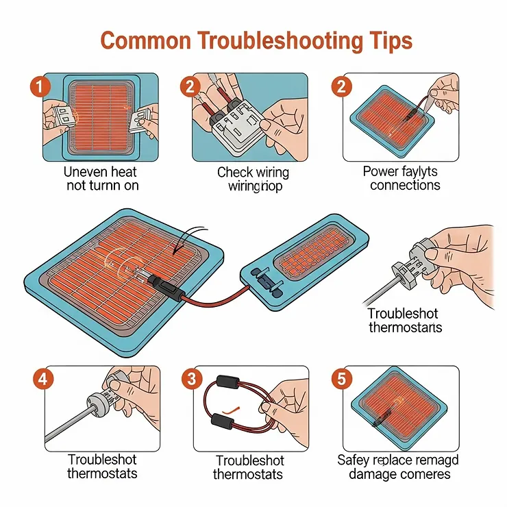 A visual guide offering common troubleshooting tips for a reptile pad heater, addressing issues like uneven heating or power failure.