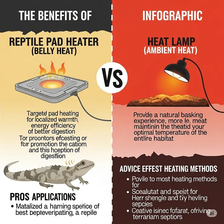 Infographic comparing the benefits of a reptile pad heater (belly heat) versus a heat lamp (ambient heat), helping reptile owners choose appropriate heating solutions.