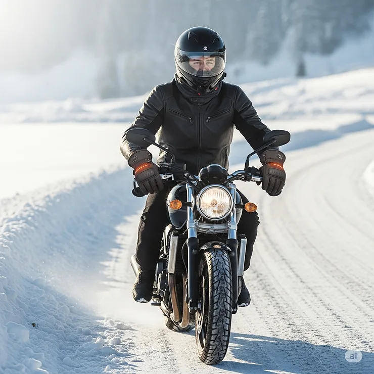 Motorcycle rider comfortably navigating a winter road, wearing heated gloves designed to keep hands warm in chilly conditions.