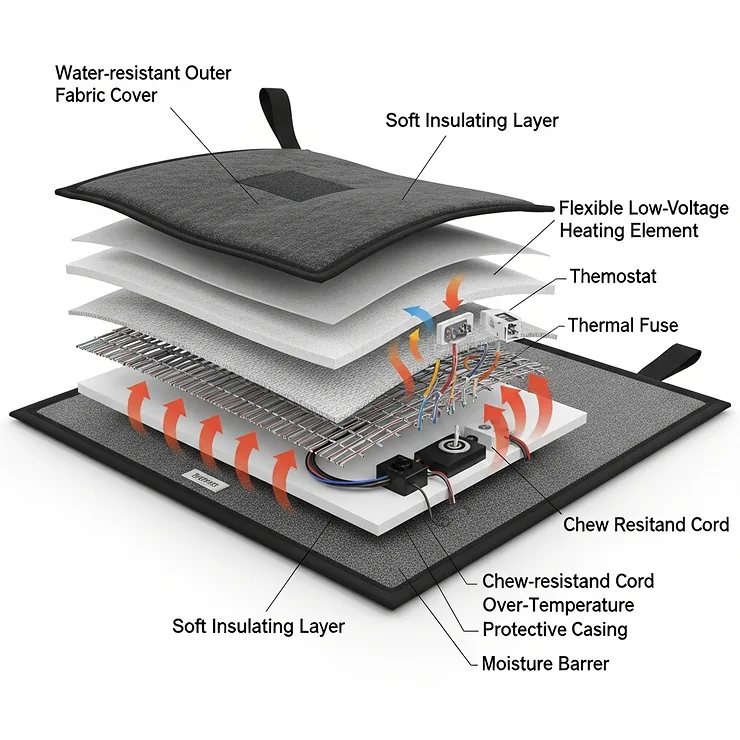 Diagram showing internal heating elements/safety features of an outdoor heating pad for cats.