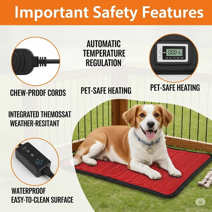 Graphic emphasizing the important safety features of an outdoor pet heating pad, including chew-resistant cords and automatic temperature control for pet well-being.