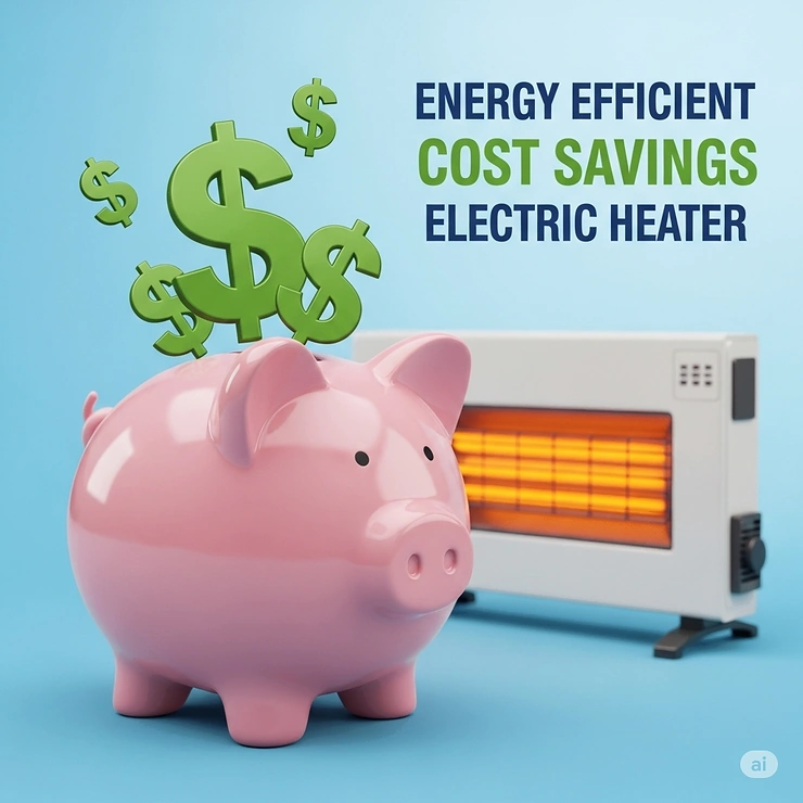 Graphic depicting a piggy bank with dollar signs, symbolizing the cost savings achieved by using an energy-efficient heater over traditional models.