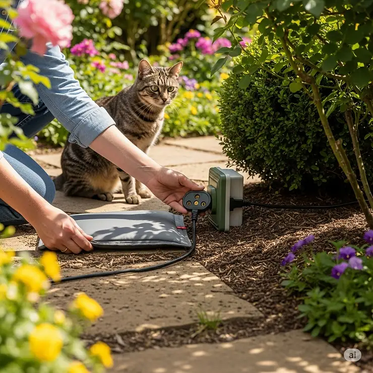 A person safely plugging in and positioning an outdoor heating pad for a cat in a garden area, emphasizing easy setup and outdoor use.
