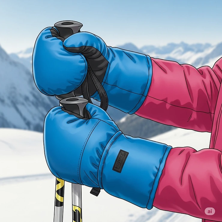 Illustration of hands in waterproof mittens holding ski poles, demonstrating their use for keeping hands warm during skiing.