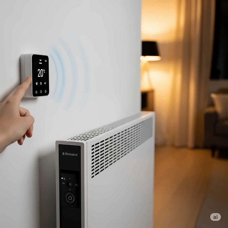 Image showing a smart thermostat controlling an energy-efficient heater, emphasizing the convenience and further energy savings of smart technology.