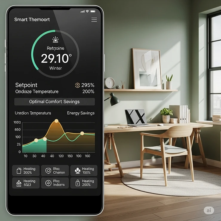Digital display of a smart thermostat showing optimized temperature settings for a home office, highlighting energy-saving heating solutions for winter.