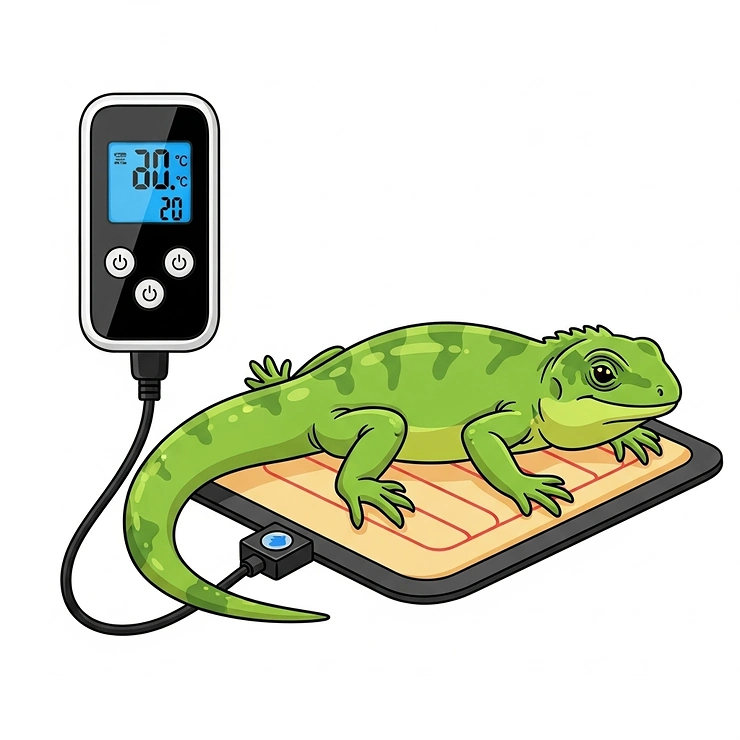 An illustration depicting a lizard heating pad connected to a digital thermostat, highlighting the importance of temperature control for reptile safety and well-being.