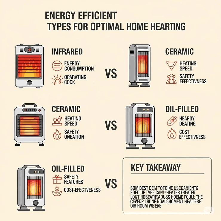 Infographic illustrating various types of energy-efficient heaters, such as infrared, ceramic, and oil-filled, comparing their features for optimal home heating.