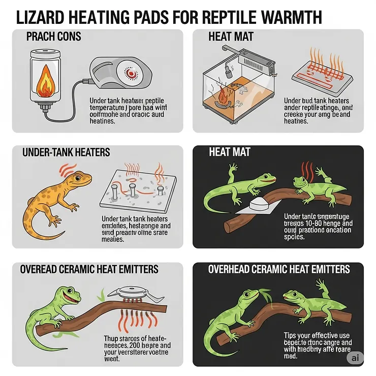 An infographic illustrating various types of lizard heating pads, including under-tank heaters, heat mats, and overhead ceramic heat emitters, for optimal reptile warmth.