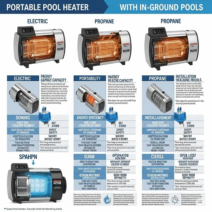 Comparison of various types of portable pool heaters, including electric and propane models, suitable for inground pools.