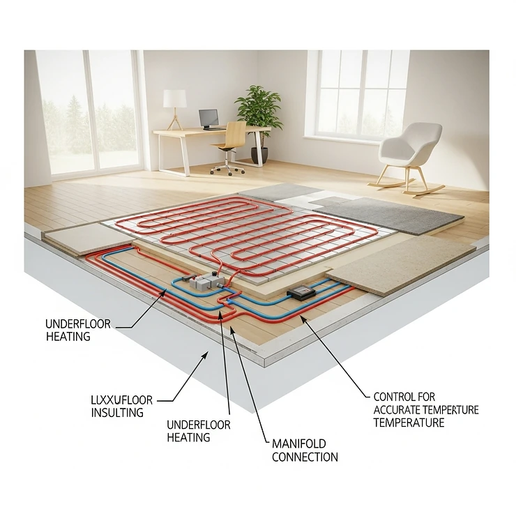 Diagram illustrating the installation of underfloor heating beneath a home office floor, a luxurious and efficient heating solution for winter comfort.