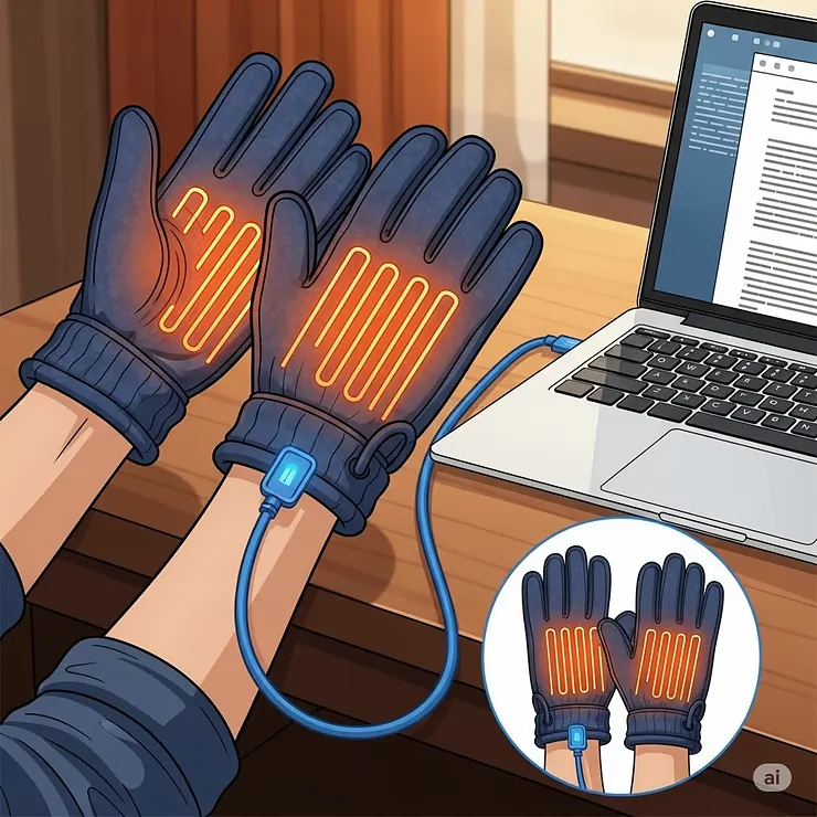 An illustration depicting a USB cable connecting heated typing gloves to a computer or power bank, indicating their convenient power source.