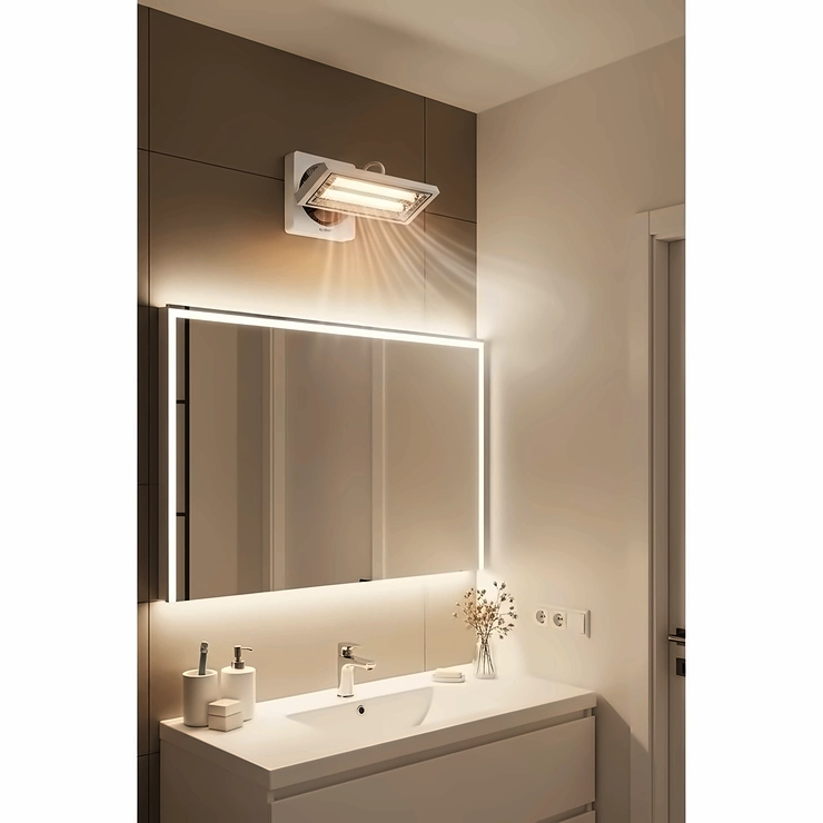Compact wall fan heater discreetly installed above a bathroom vanity, providing instant warmth for cold mornings.
