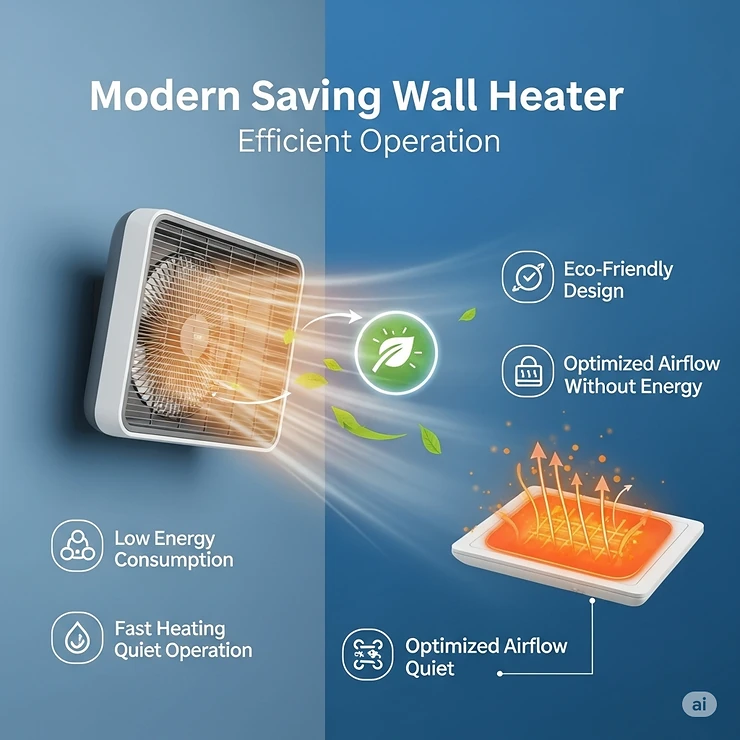 Graphic highlighting the energy-saving benefits and efficient operation of a modern wall fan heater.