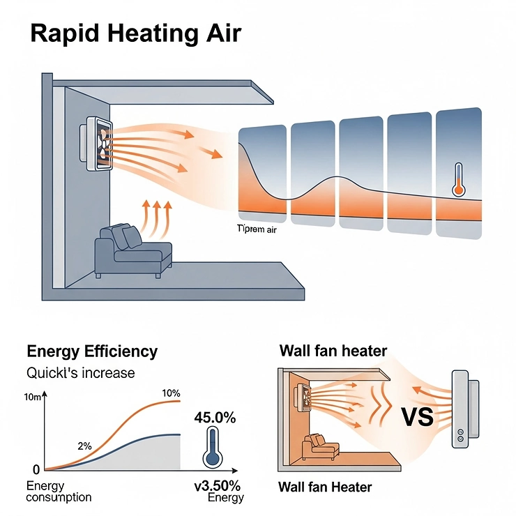 Infographic illustrating the rapid heating and air circulation capabilities of a wall fan heater.