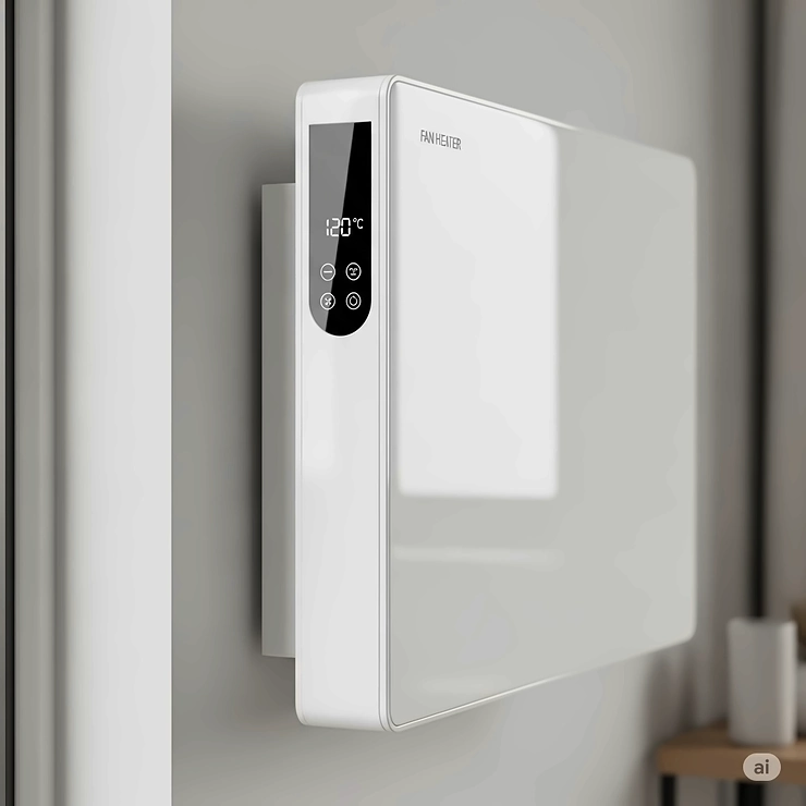 Sleek white wall-mounted fan heater with digital display, perfect for efficient room warming.