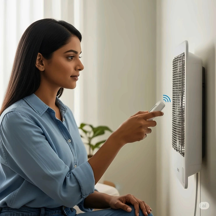User holding a remote control, adjusting settings on a wall fan heater for convenient temperature management.