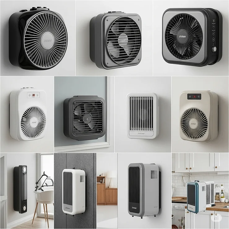 Collage showcasing various designs and colors of wall fan heaters, from sleek contemporary to functional models.