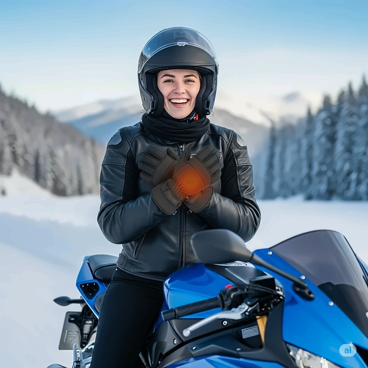 Smiling motorcycle rider enjoying a cold day with warm, comfortable hands, emphasizing the benefits of wearing heated gloves for winter rides.