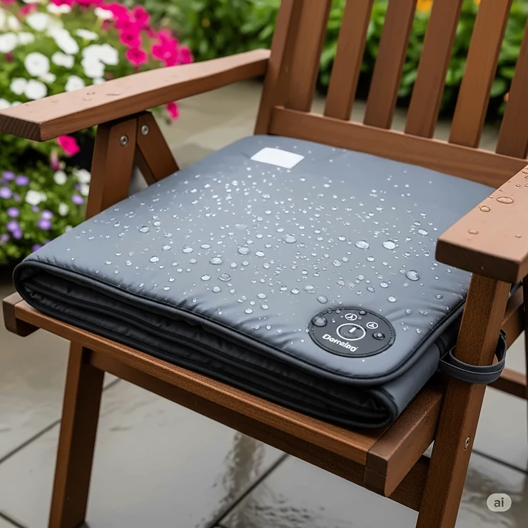 An electric blanket designed for outdoors laid out on a patio chair, with subtle water droplets on its surface, demonstrating its weather-resistant and durable material.