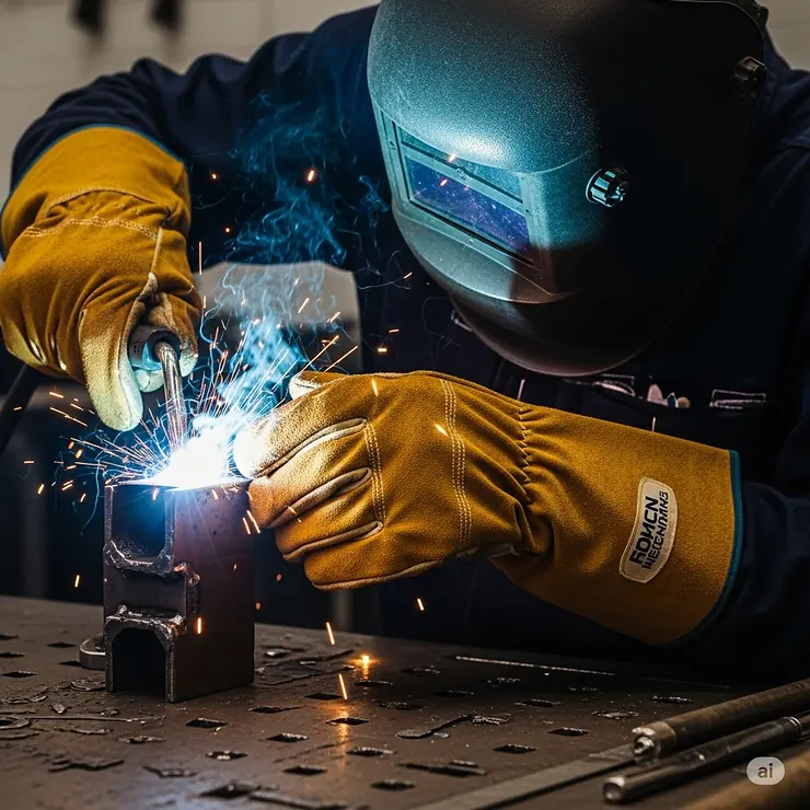 A welder wearing specialized heat resistant work gloves, demonstrating their essential role in protecting hands during high-temperature welding tasks.