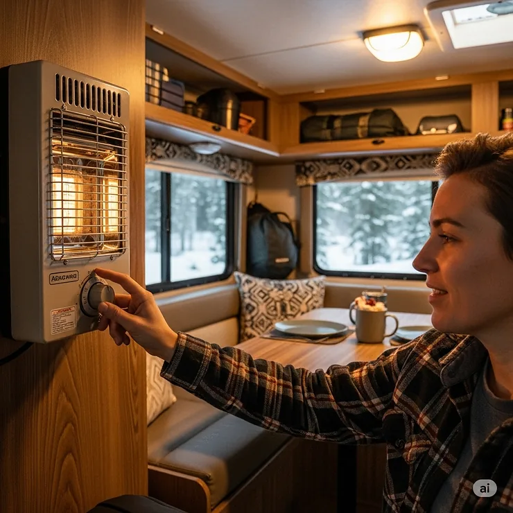 A camper adjusting the temperature on their propane heater to maintain a comfortable environment inside their RV.