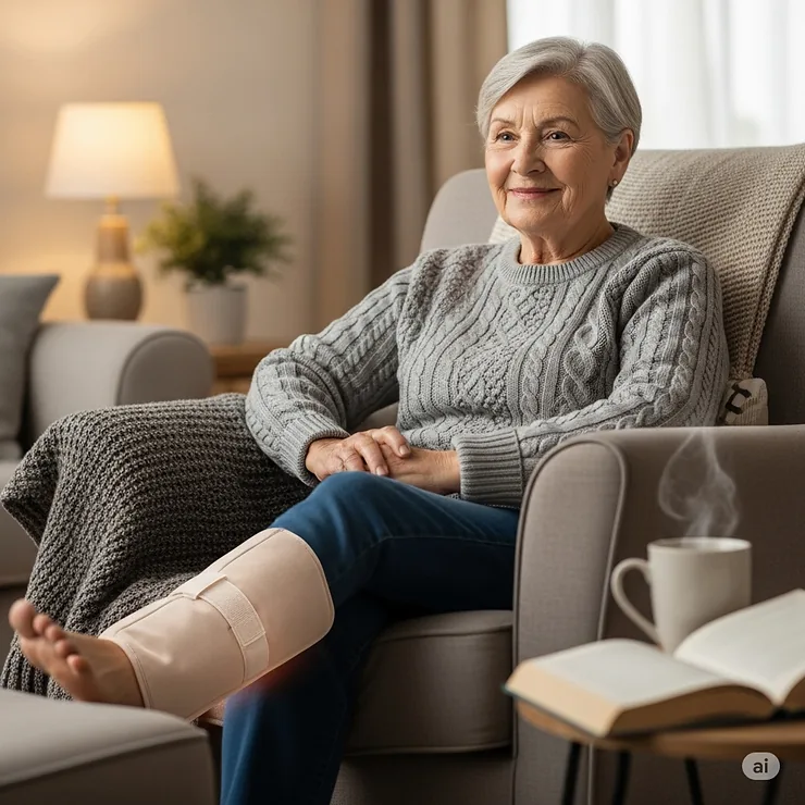 An older person smiling while comfortably wearing a therapeutic heating pad on their ankle, which provides relief from chronic arthritis pain.
