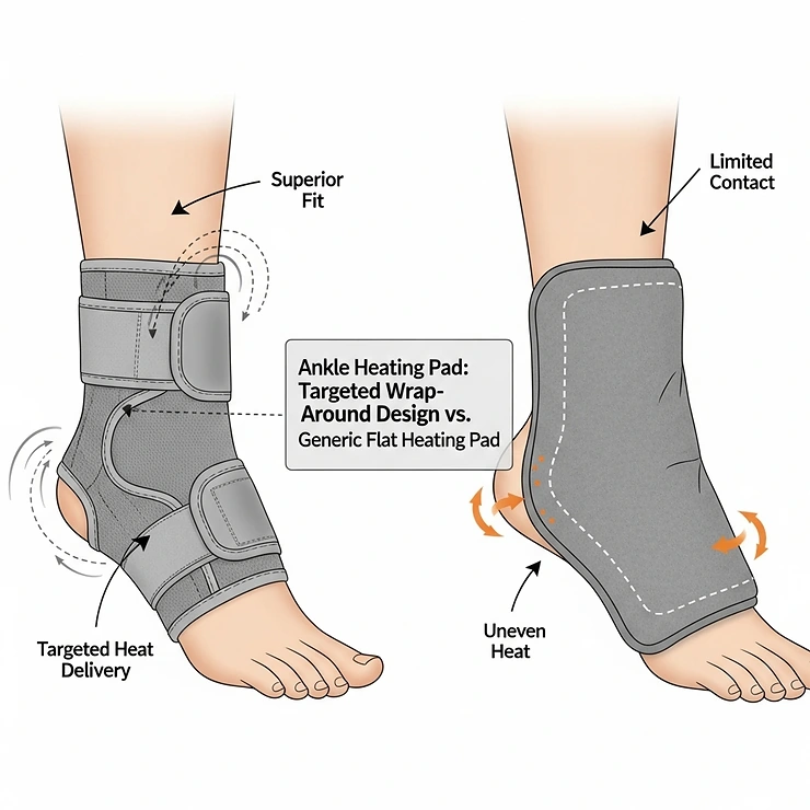 A comparative diagram showing the targeted, wrap-around design of an ankle heating pad versus a generic flat heating pad, highlighting its superior fit and effectiveness.