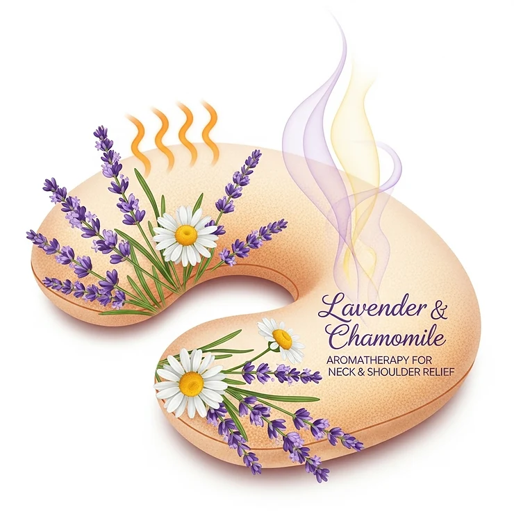 An illustration showing a heat pillow for the neck infused with lavender and chamomile, representing the aromatherapy benefits.