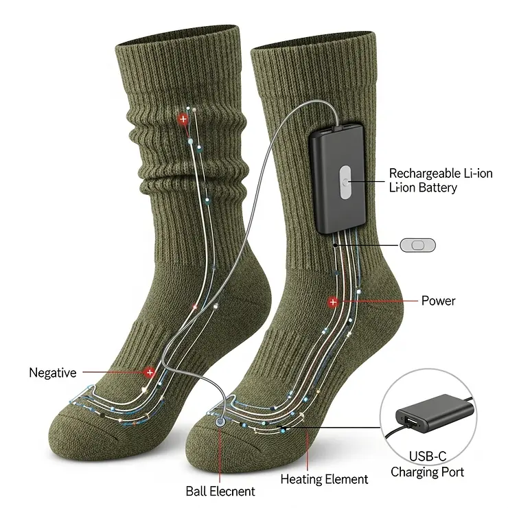 A detailed diagram illustrating the compact, rechargeable battery placement and connection system on a pair of heated hunting socks, highlighting the convenience and long-lasting power.