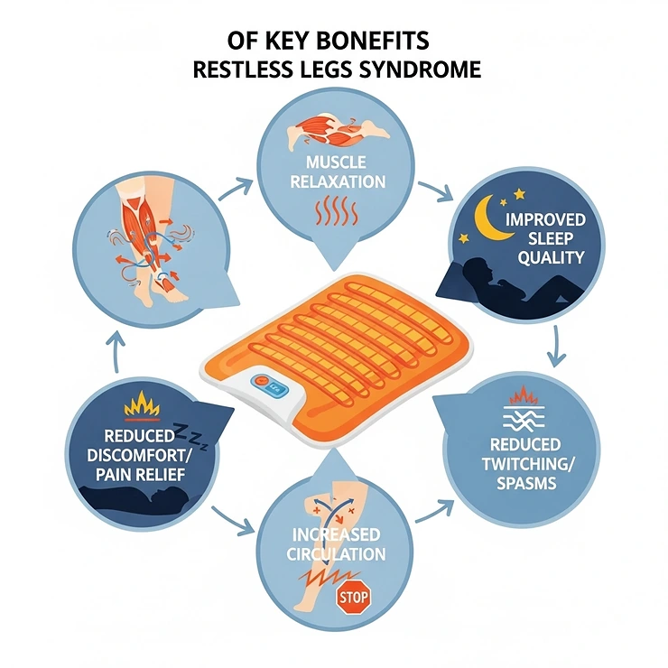 An infographic-style illustration highlighting the key benefits of using a heating pad for RLS, such as muscle relaxation and improved sleep quality.