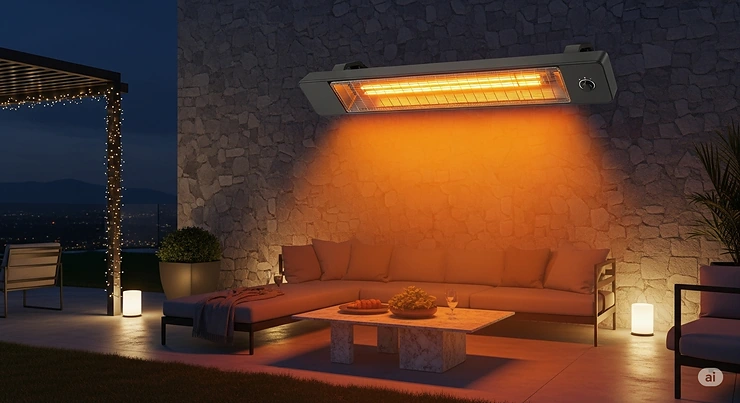 A stylish, wall-mounted electric patio heater providing warm, glowing heat for a modern outdoor seating area at night.