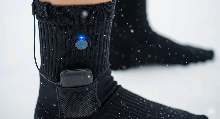 A close-up shot of a person wearing black, high-tech heated socks, showing the control button and battery pack. This image highlights the advanced features and comfort of the best heated socks for winter activities.