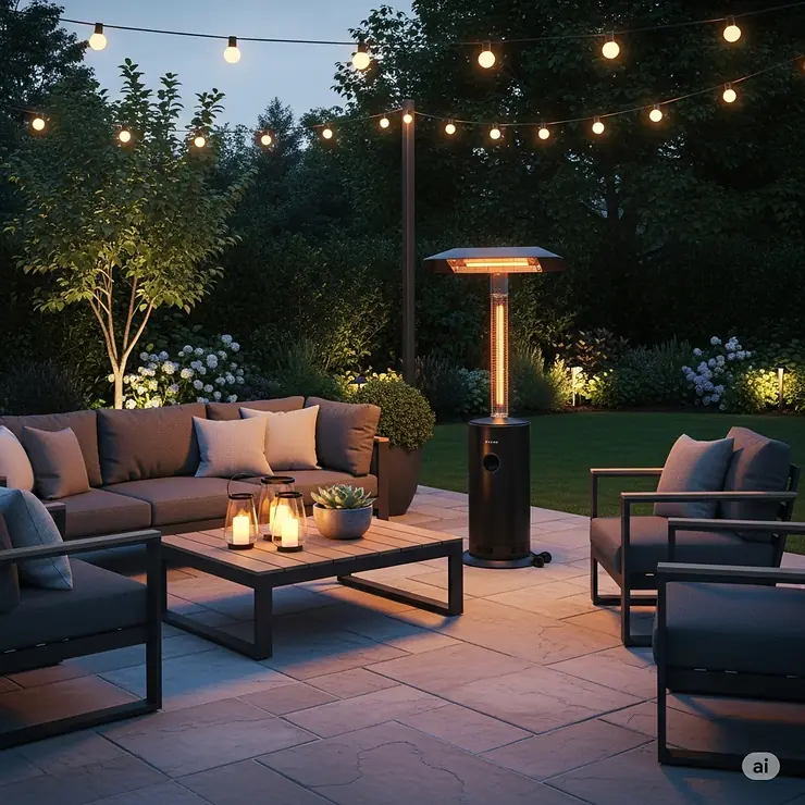 A stylish outdoor patio featuring a sleek, black electric heater and comfortable furniture, suggesting warmth and comfort.