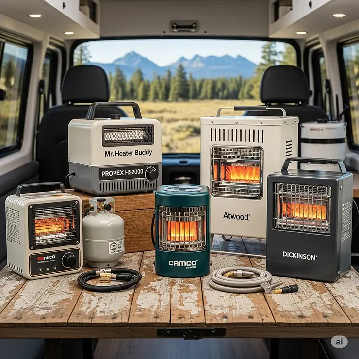A collection of top-rated, energy-efficient small propane heaters ideal for boondocking and off-grid camping in a van or RV.