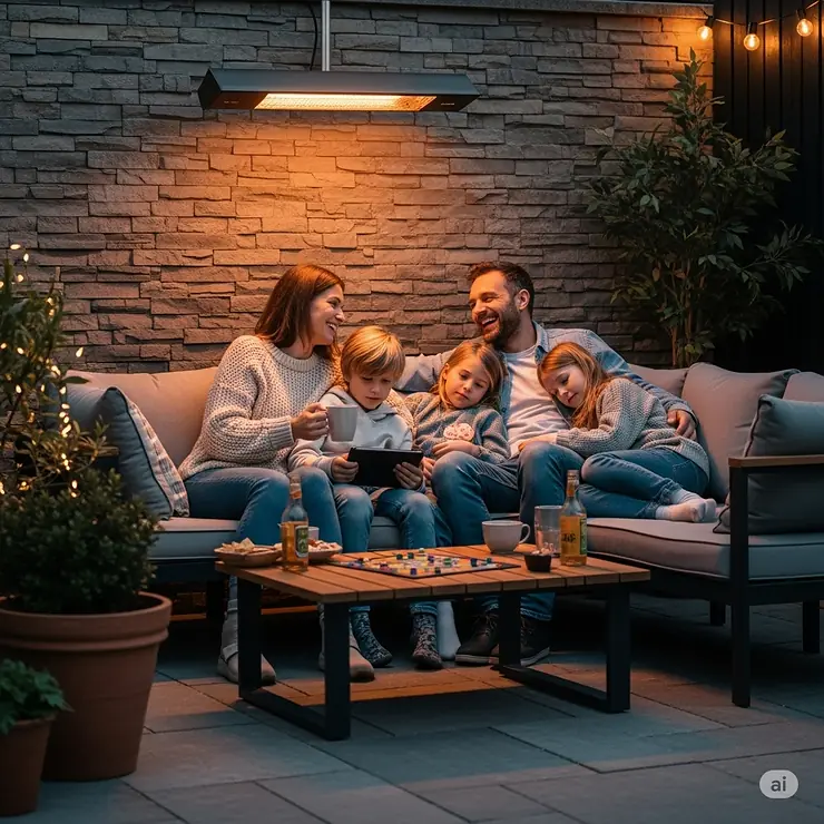 A family enjoys a comfortable evening on their patio, warmed by a sleek, wall-mounted electric patio heater. best rated electric patio heaters
