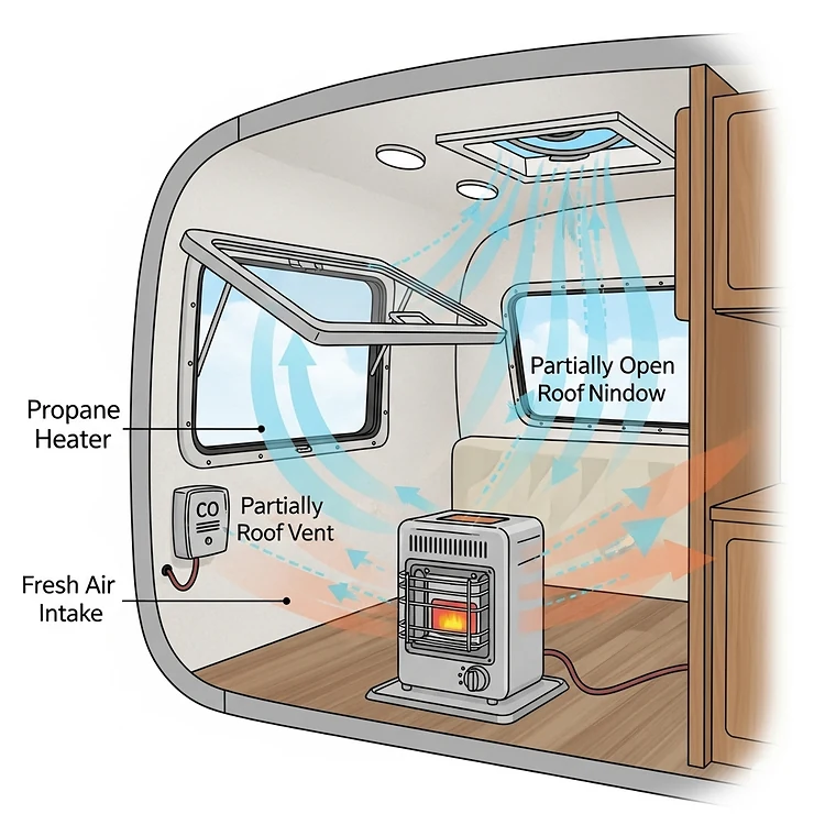 A safety diagram demonstrating the essential ventilation setup for using a small, indoor-safe propane heater in a camper.