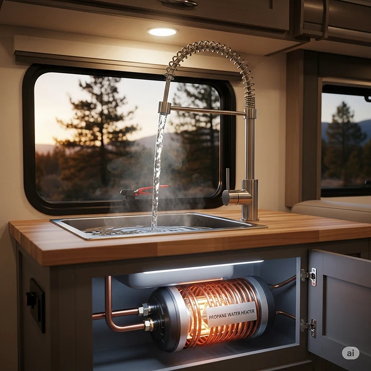 A conceptual image showing hot water flowing from a kitchen faucet inside a recreational vehicle, powered by a reliable camper propane water heater.
