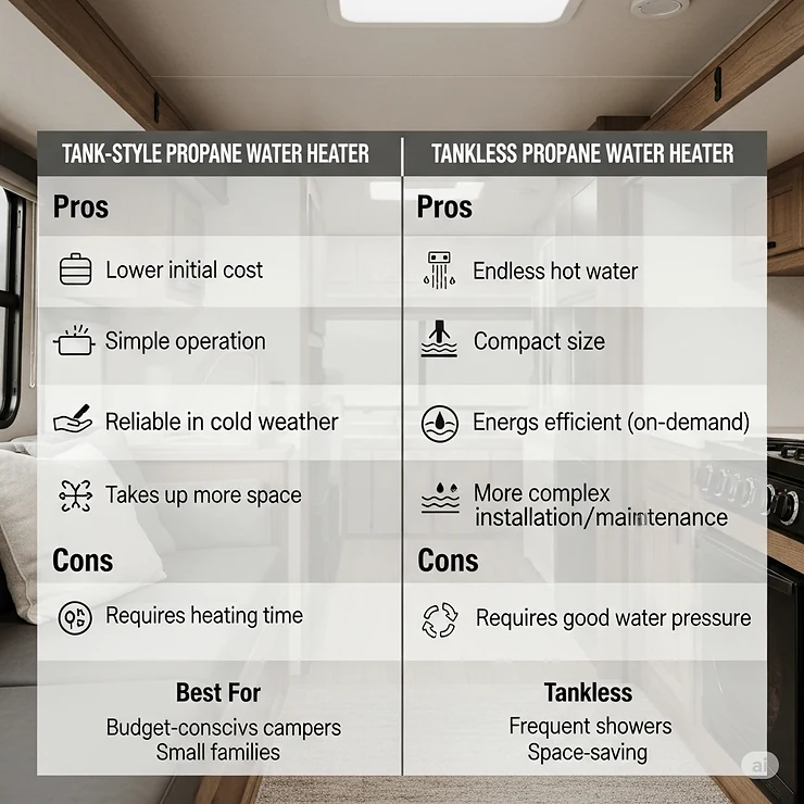 A comparison chart detailing the pros and cons of tank-style versus tankless camper propane water heater models to help users choose the right one.