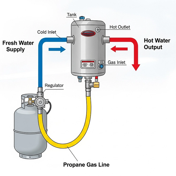 An illustration showing the typical setup for a camper propane water heater, with connections to both a freshwater supply and a propane gas tank.