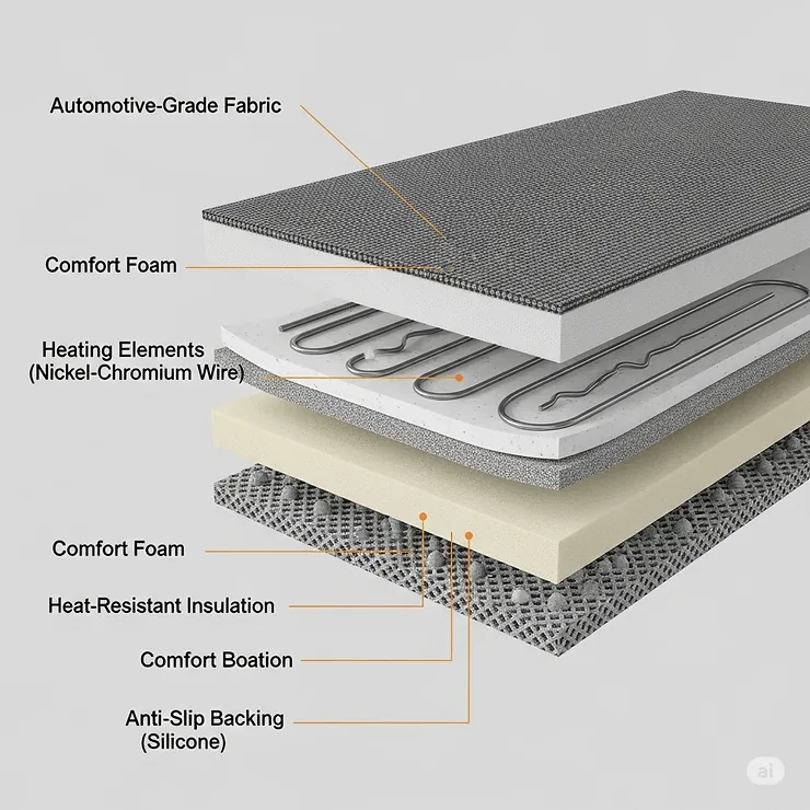 A cross-section diagram highlighting the durable and soft materials used in a high-quality car heater pad, including the heating elements and anti-slip backing.