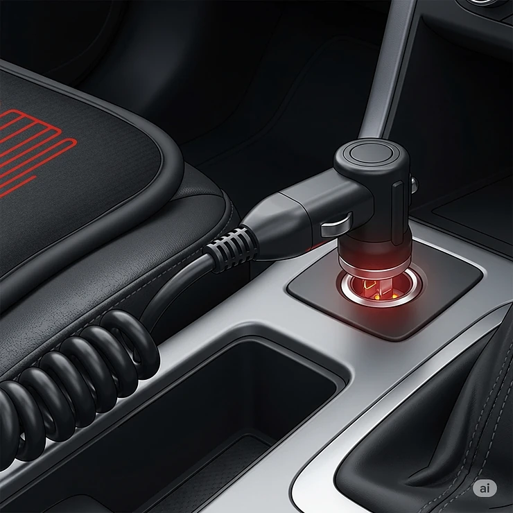 An illustration of a heated car seat pad's power cable plugging into the car's 12V cigarette lighter socket.